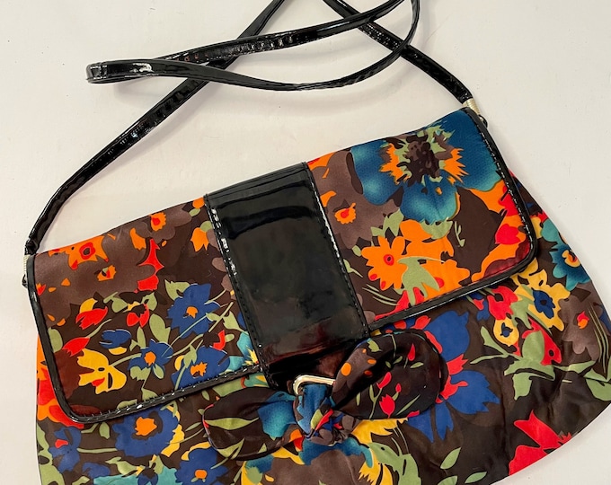 90’s 00’s Designer J. Renee dark floral satin patent leather convertible bag