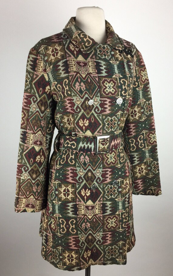 Vintage 50's 60's woven jacquard belted trench st… - image 2