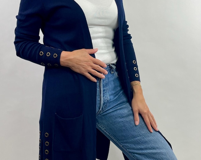 Vintage 00’s Y2K nautical navy grommet embellished  open knit long cardigan