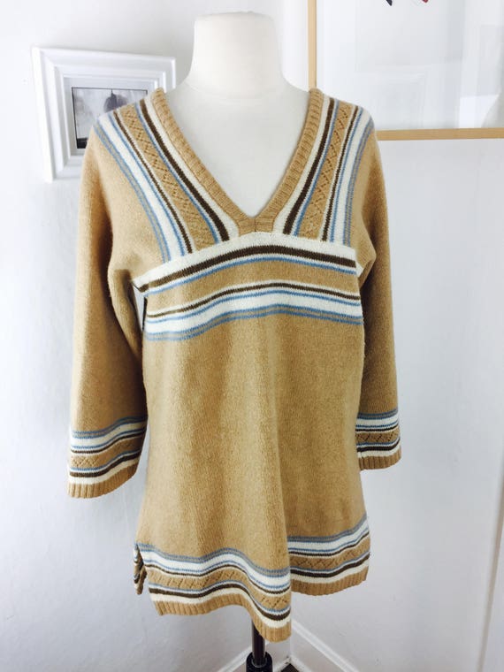 Vintage 70's boho camel lambswool striped tunic s… - image 4