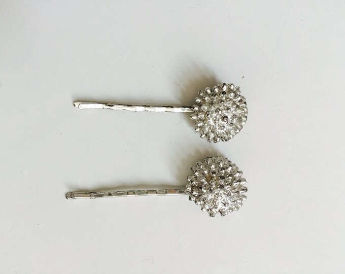 Vintage 60's silver floral pompon hair jewelry bobby pins