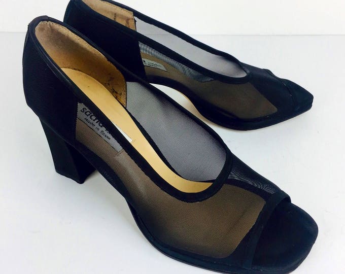 Vintage 90's 00's designer black suede mesh open square toe pumps