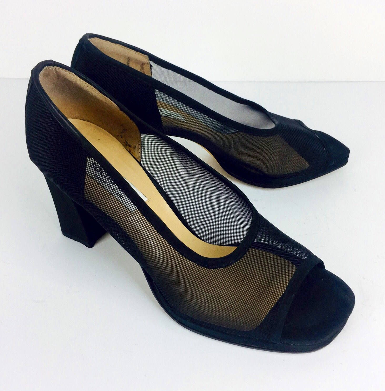 Vintage 90's 00's designer black suede mesh open square toe pumps