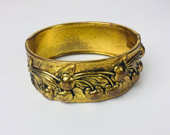 Vintage 50's embossed cherries goldtone finish brass bangle