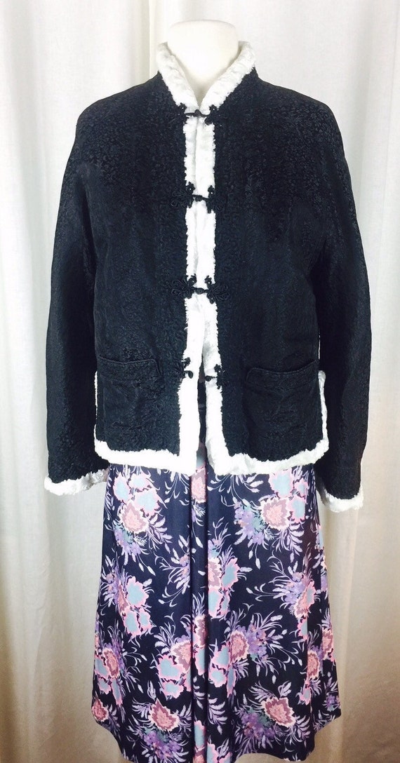 Vintage 80's Chinese black woven silk faux fur lin