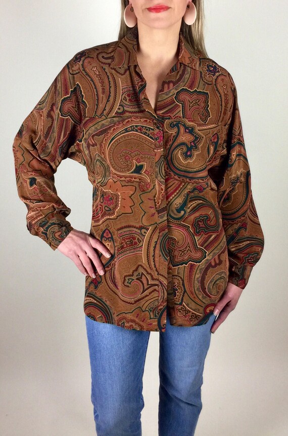 Vintage 90's designer tan paisley tunic style sil… - image 1