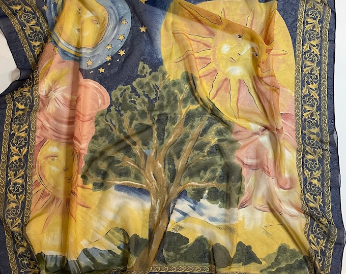 Vintage 50's 60's Glentex nature zodiac elements sheer scarf