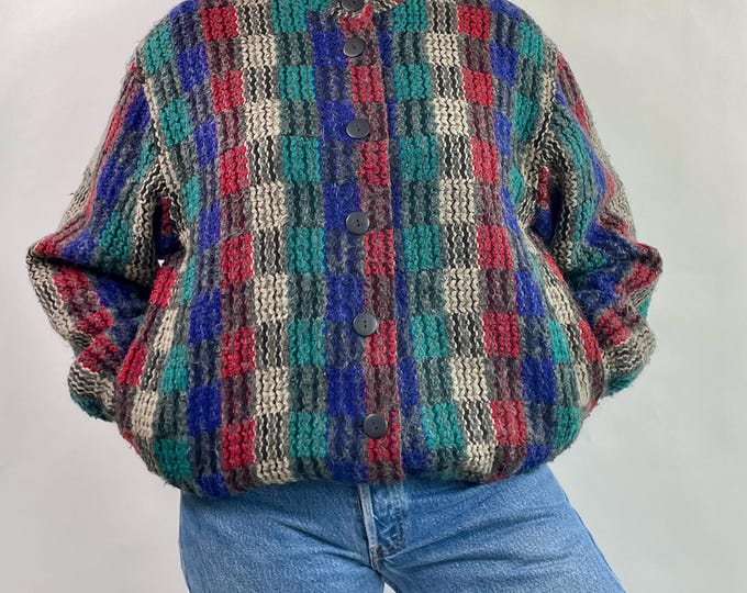 Vintage 80's multi color plaid wool mohair baseball bomber jacket