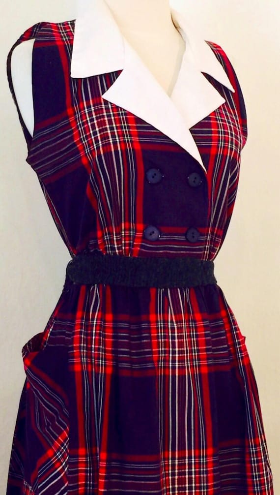 Vintage 70's blue red windowpane plaid collared d… - image 10
