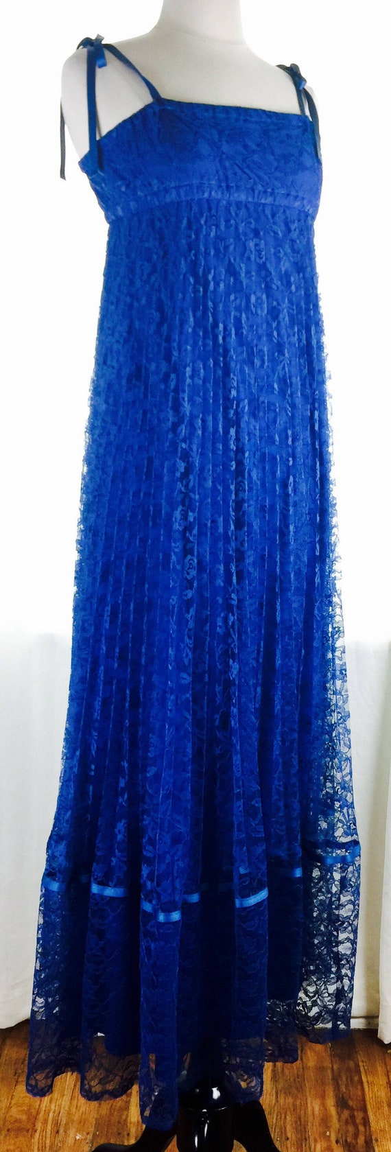 Vintage 70's royal blue lace empire strappy maxi … - image 1