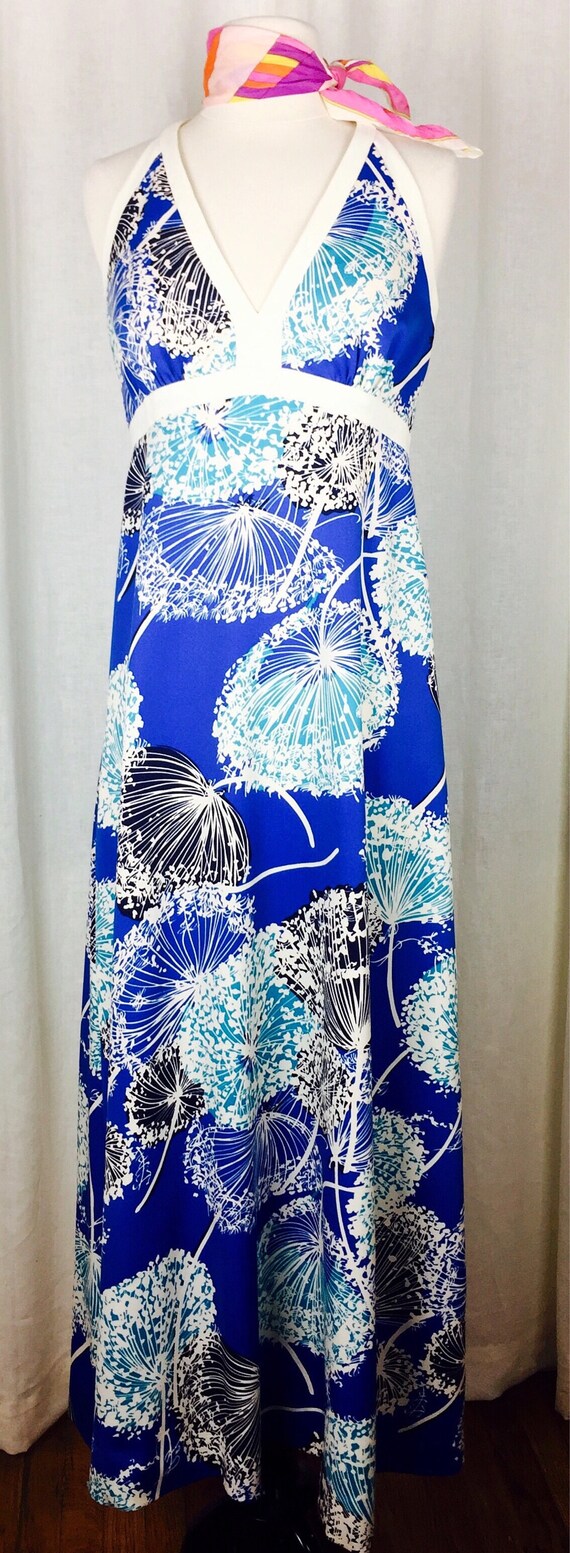 Vintage 60's mod geometric blue floral Hawaiian M… - image 1