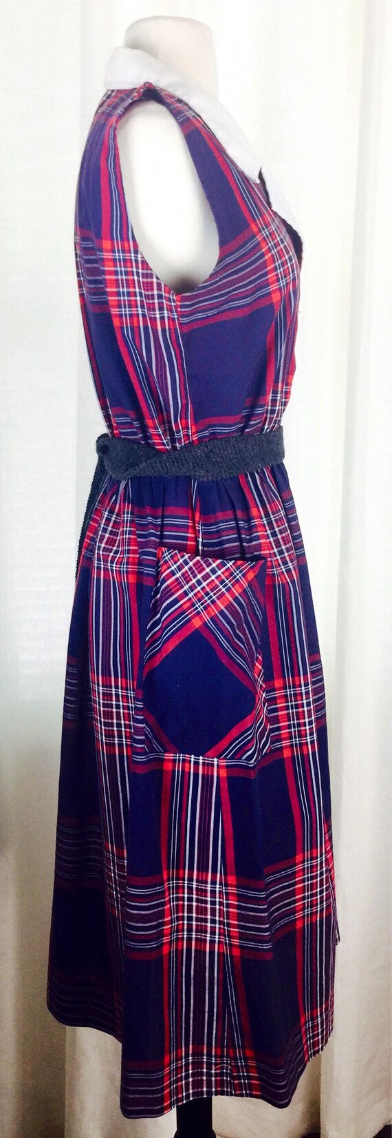 Vintage 70's blue red windowpane plaid collared d… - image 7