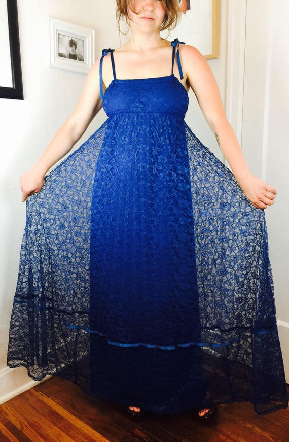 Vintage 70's royal blue lace empire strappy maxi … - image 4