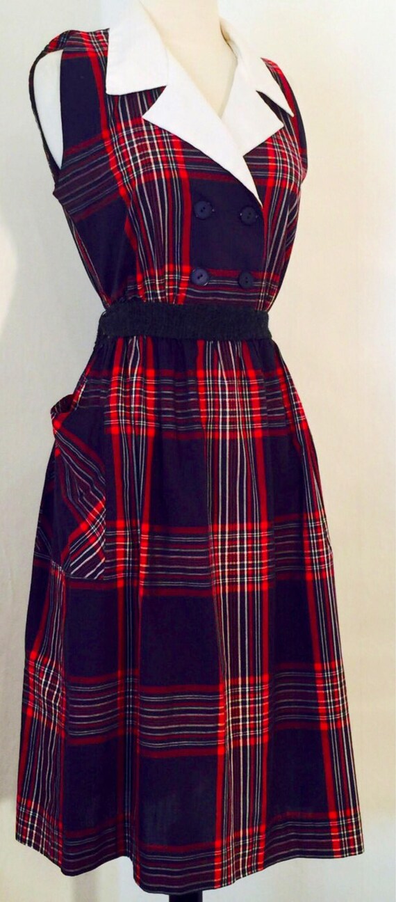 Vintage 70's blue red windowpane plaid collared d… - image 6