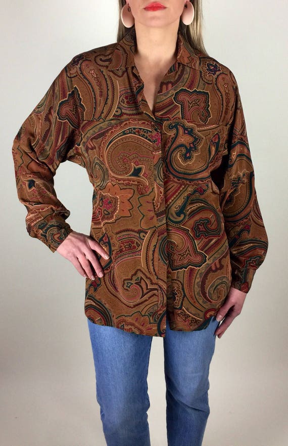 Vintage 90's designer tan paisley tunic style sil… - image 10