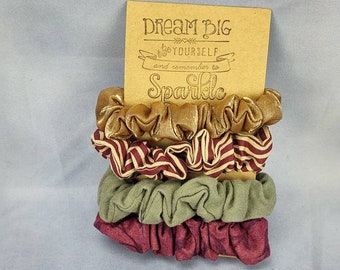 Burgundy and Browns 4 pack of Hair Scrunchies, bronze, burgundy, green, burgundy and brown striped