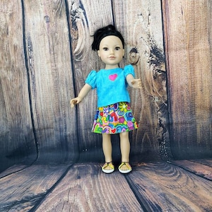 Teal with heart decal Shirt, Peace, Love Skirt,1960s, Woodstock Outfit for 18 Inch Doll