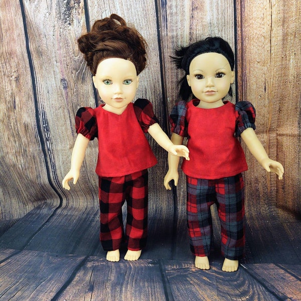 18 Inch Doll Red and Black Buffalo Plaid Pajamas, Red Black, Gray Plaid Pajamas, Animal pj's, Flannel Pajamas