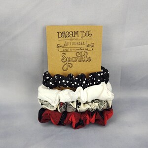 Poker/Casino 4 pack of Hair Scrunchies, black and white polka dot, red buffalo plaid, white, poker chips and cards