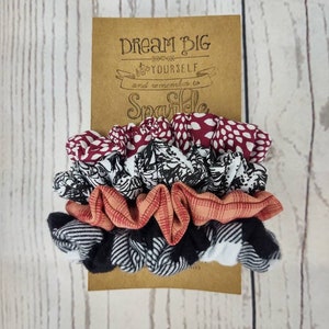 All Red and Black 4 pack of Hair Scrunchies, Red and White, Black and White, Red Plaid, Black and White Buffalo Plaid