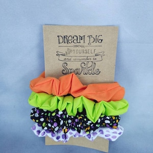 HALLOWEEN inspired Fun Polka Dots 4 pack of Hair Scrunchies, purple, lime green, bright orange