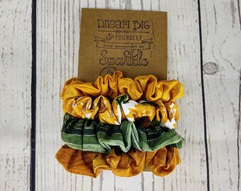 Sunflowers Gold Shimmer, Sunflower, Green Stripe, Gold Swirl 4 pack of Hair Scrunchies,