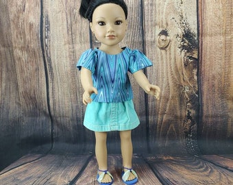 Outfits for 18 Inch Doll Teal Lovers, Teal swirl shirt with  light teal corduroy skirt