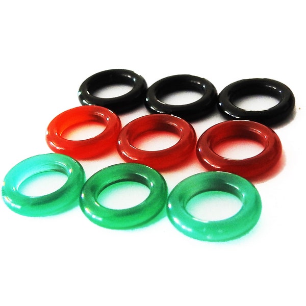 Donut stones, 3 Black Onyx, 3 Carnelian, 3 Green Agate, 10mm Donut Gemstones, Bagel shaped, Red Brownish, Green stones, Black stones