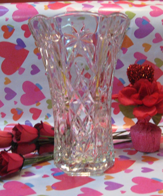 Vintage Lead Crystal Vase With Star Design With Fans Large Etsy