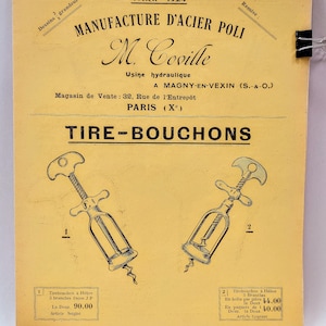 May include: A vintage advertisement for M. Coville, a manufacturer of polished steel corkscrews. The ad features two illustrations of corkscrews, labelled 1 and 2, with descriptions of their features and prices. The text reads "Manufacture d'acier poli M. Coville Usine hydraulique A Magny-en-Vexin (S.-&-O.) Magasin de Vente: 32, Rue de l'Entrepôt PARIS (X°) TIRE-BOUCHONS".