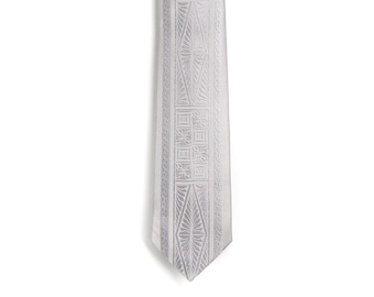 Gray Skinny Polynesian Necktie Featuring Woven Traditional Tongan Designs, Cultural Gift