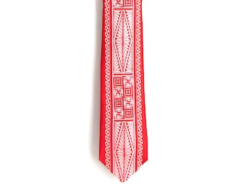 Red Skinny Polynesian Necktie Featuring Hand-Woven Traditional Tongan Patterns