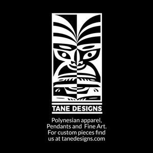 May include: Black and white logo for Tane Designs, featuring a stylized Polynesian tiki mask. The text below reads "Polynesian apparel, Pendants and Fine Art. For custom pieces find us at tanedesigns.com"
