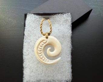 Small Koru Design Bone Pendant with Adjustable Rope Necklace