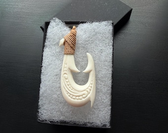 Double Barb Hook Bone Pendant with Adjustable Rope Necklace