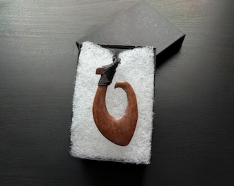 Polynesian Wood Hook Pendant with Rope Necklace