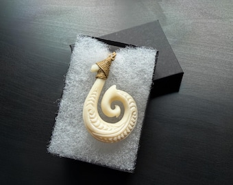 Polynesian Bone Hook Koru Pendant with Adjustable Rope