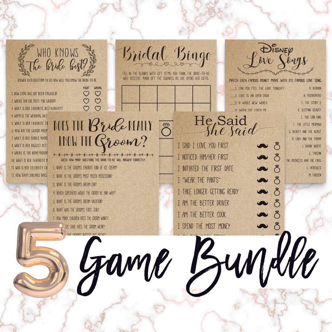 Bridal Shower Games Package . Bundle 5 Games . Bridal Shower Etsy