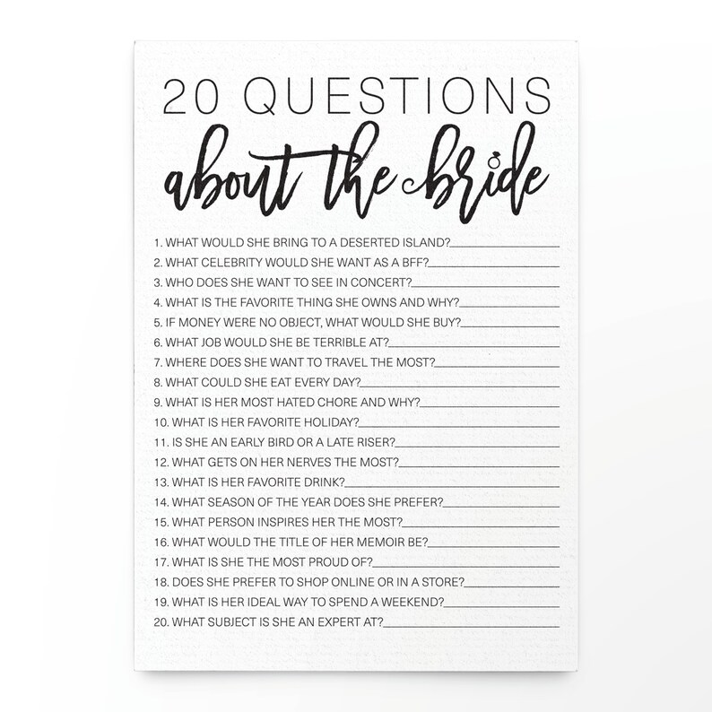 20 Questions About the Bride Bridal Shower Game . Bridal Etsy