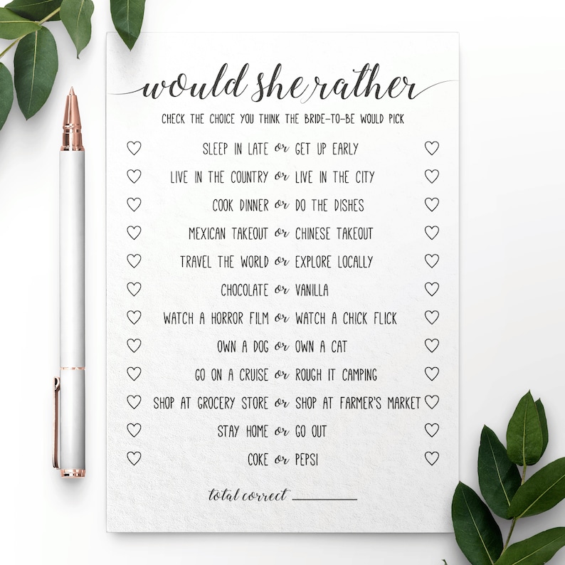 Would She Rather Would She Rather Bridal Shower Game Etsy