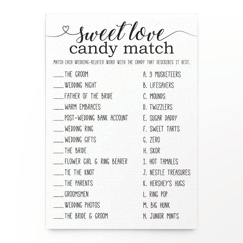 Sweet Love Candy Match Bridal Shower Game. Bridal Shower Etsy