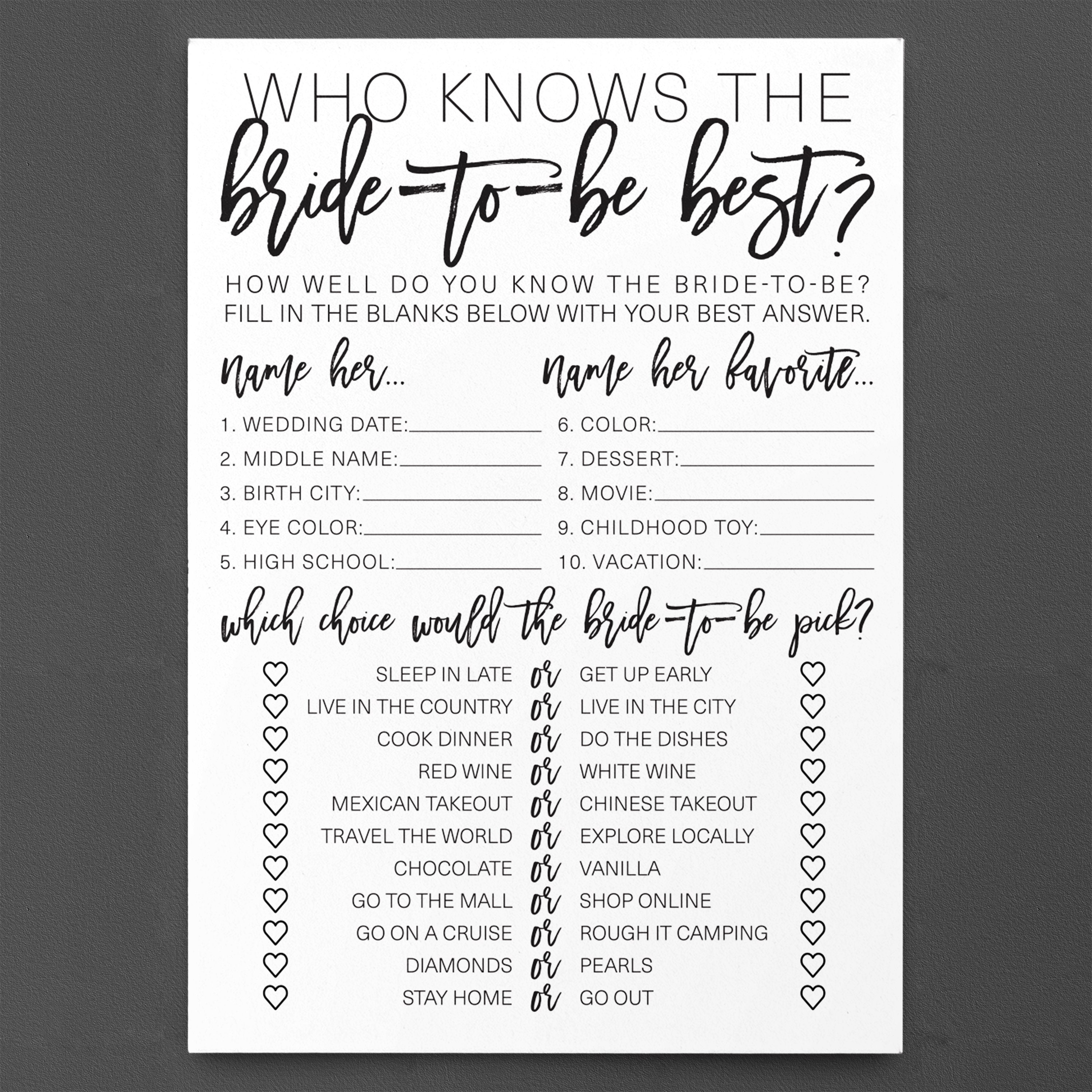 PRINTED Who Knows the Bride-to-be Best Bridal Shower Game - Etsy