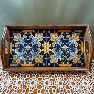 Wooden Tray with Traditional Portuguese Tile Background – Perfect for Serving Coffee, Tea, and More