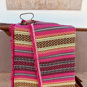 Traditional Portuguese Blanket DARK PINK | Handmade Traditional Blanked | Sustainable Product | Fringed Cotton Blanked | hand woven