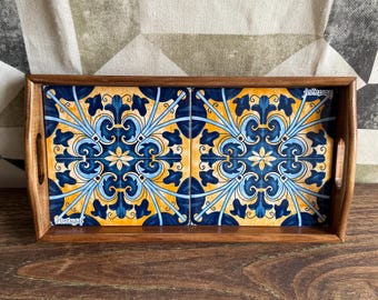 Wooden Tray with Traditional Portuguese Tile Background – Perfect for Serving Coffee, Tea, and More