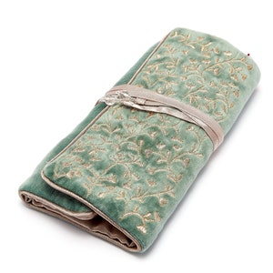 Sumptuous Mint with Gold Embroidery velvet jewellery roll with satin lining & beaded ties. Gift for her, home, travel, summer,  JR11MG