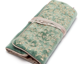 Sumptuous Mint with Gold Embroidery velvet jewellery roll with satin lining & beaded ties. Gift for her, home, travel, summer,  JR11MG