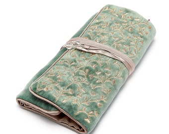 Sumptuous Mint with Gold Embroidery velvet jewellery roll with satin lining & beaded ties. Jewelry wrap, Jewelry travel case JR11MG