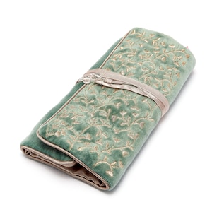 Sumptuous Mint with Gold Embroidery velvet jewellery roll with satin lining & beaded ties. Jewelry wrap, Jewelry travel case JR11MG