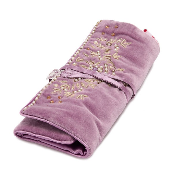 Sumptuous Lavender velvet jewellery roll with exquisite beading & satin lining. Jewelry case, jewelry roll, jewelry wrap  JR12L